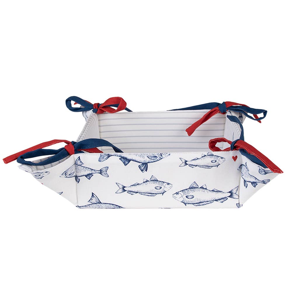SSF47 Brotkorb 35x35x8 cm Weiß Blau Baumwolle Fische
