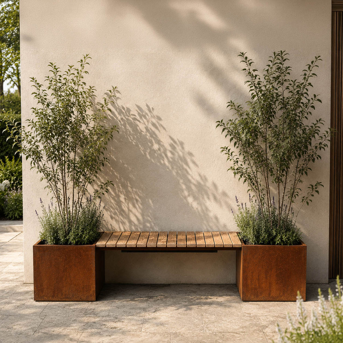 Gartenbank Valencia, Lärchenholz, 210 cm, mit Pflanzgefäß mit Boden