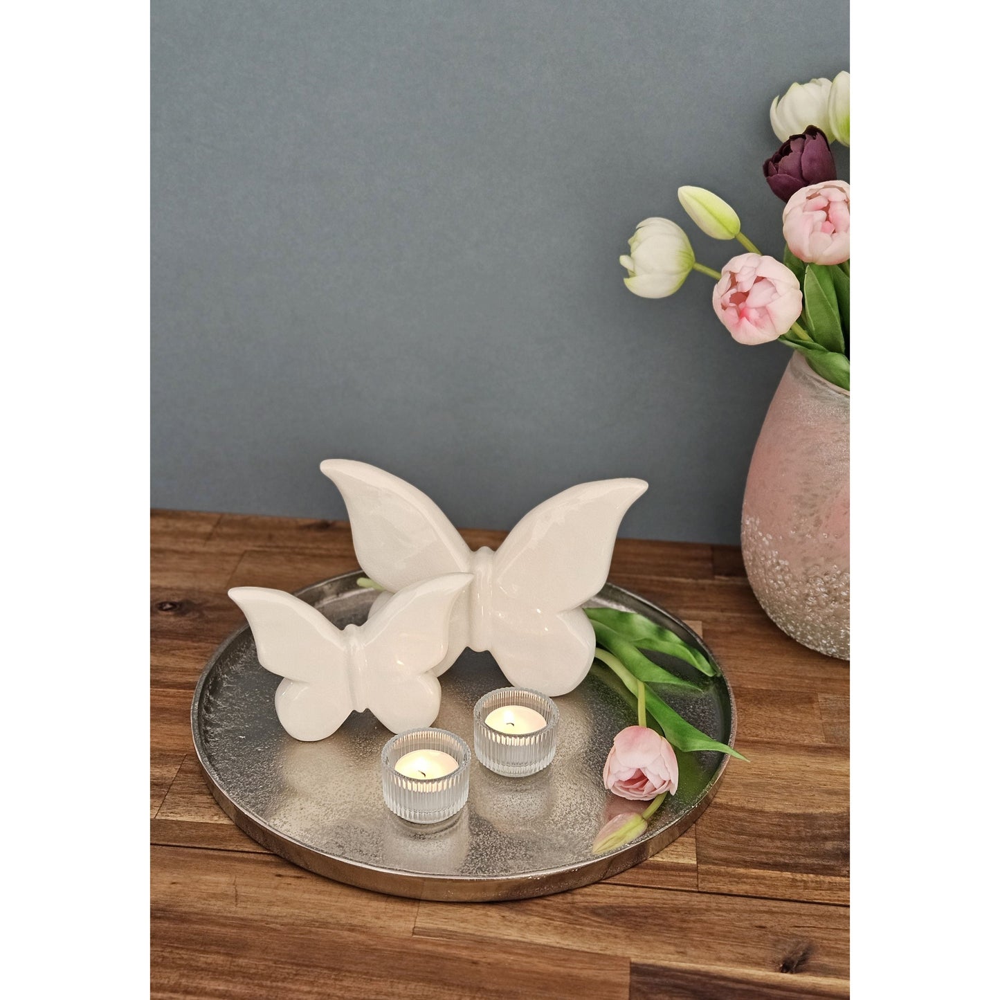 Deko Teller Schale silber rund 35 cm Kerzentablett Schale Metall