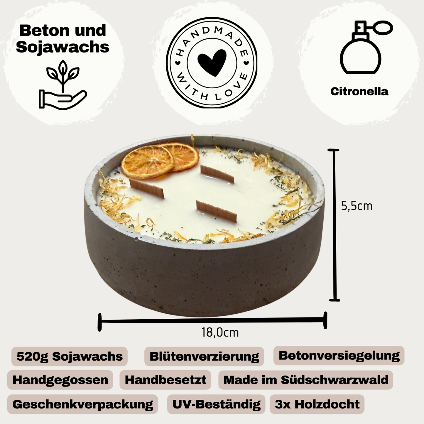 XXL Betonkerze mit 3 Holzdochten – Handgegossen
