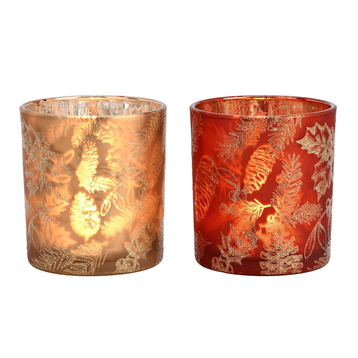Windlicht 2er-Set aus Glas, H 10 cm, Rot & Gold