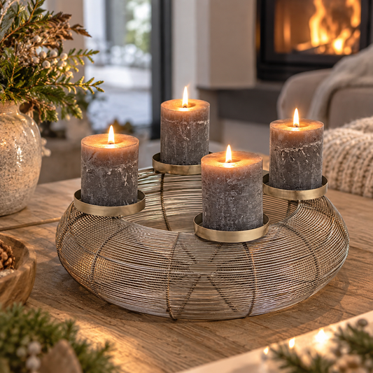Adventskranz aus Metall, Ø 38 cm, Korbdesign in Silber