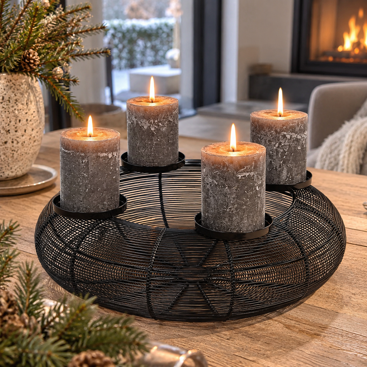 Adventskranz aus Metall, Ø 38 cm, Korbdesign in Schwarz