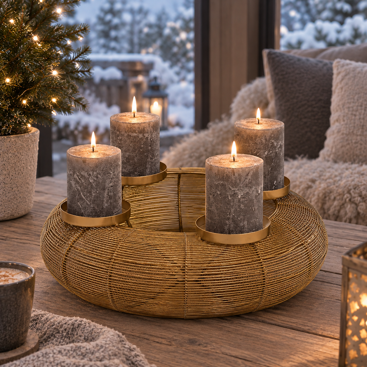 Adventskranz-Korb aus Metall, in Gold, mit 4 Kerzenhaltern