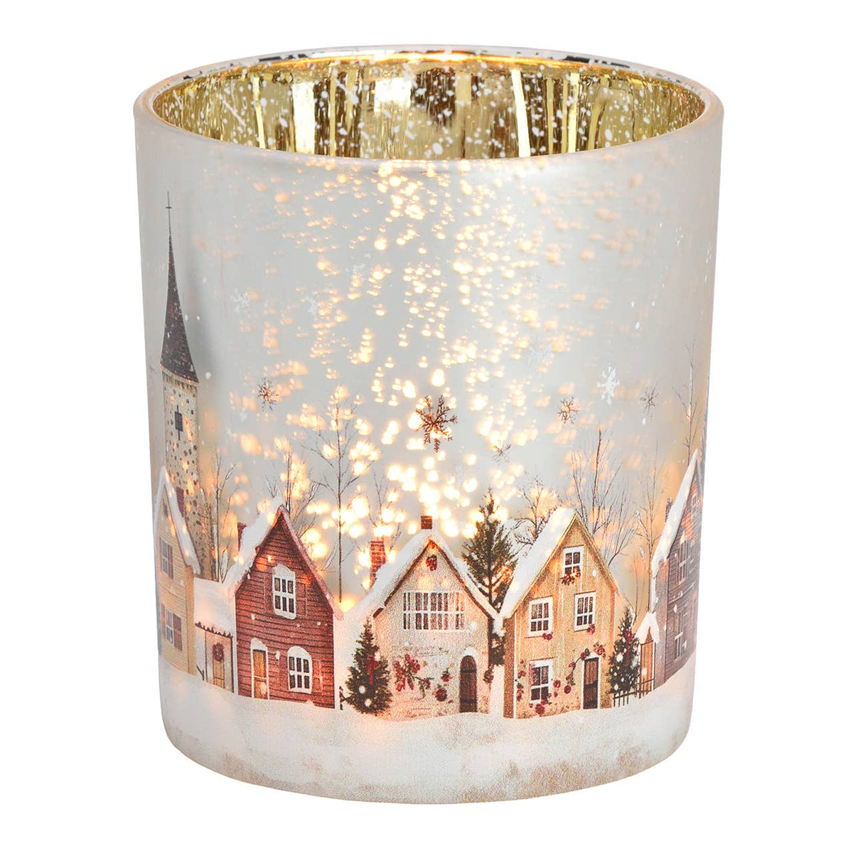 2er Set Windlichter Häuser, aus Glas, winterliches Motiv