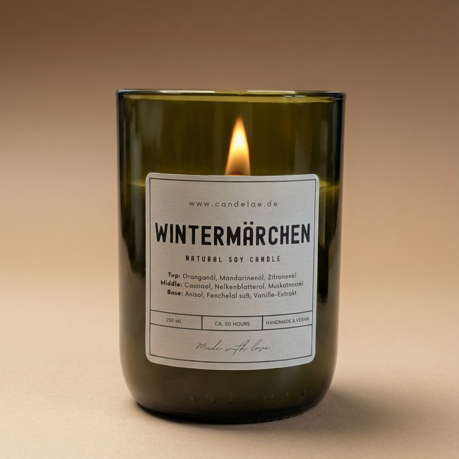 Duftkerze Wintermärchen, Sojawachs, 250 ml, in recyceltem Weinflaschenglas