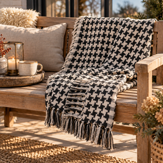 Decke, recycelte Baumwolle, 130 × 180 cm, Schwarz/Beige Hahnentritt
