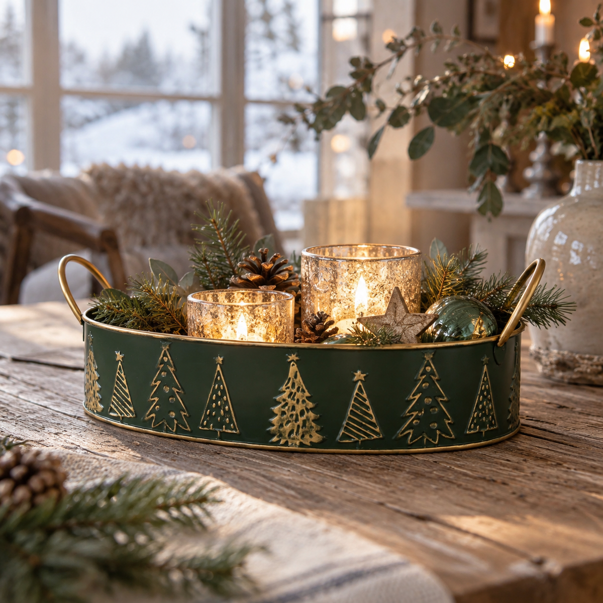 Deko-Tablett, Festive Trees, aus Metall, in Grün-Gold