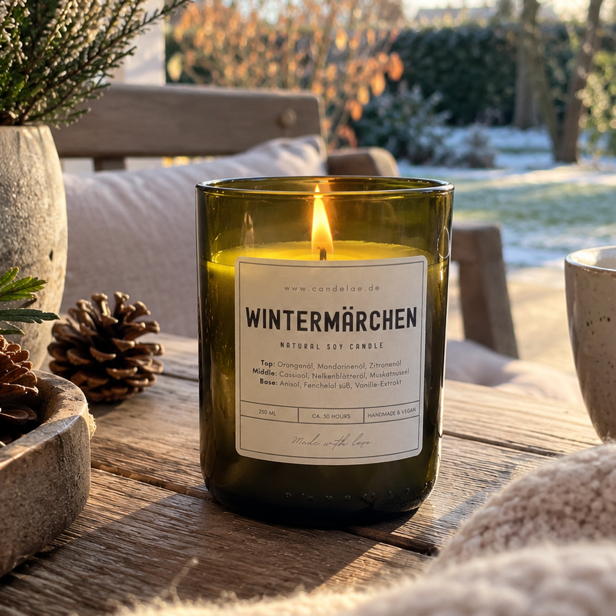 Duftkerze Wintermärchen, Sojawachs, 250 ml, in recyceltem Weinflaschenglas