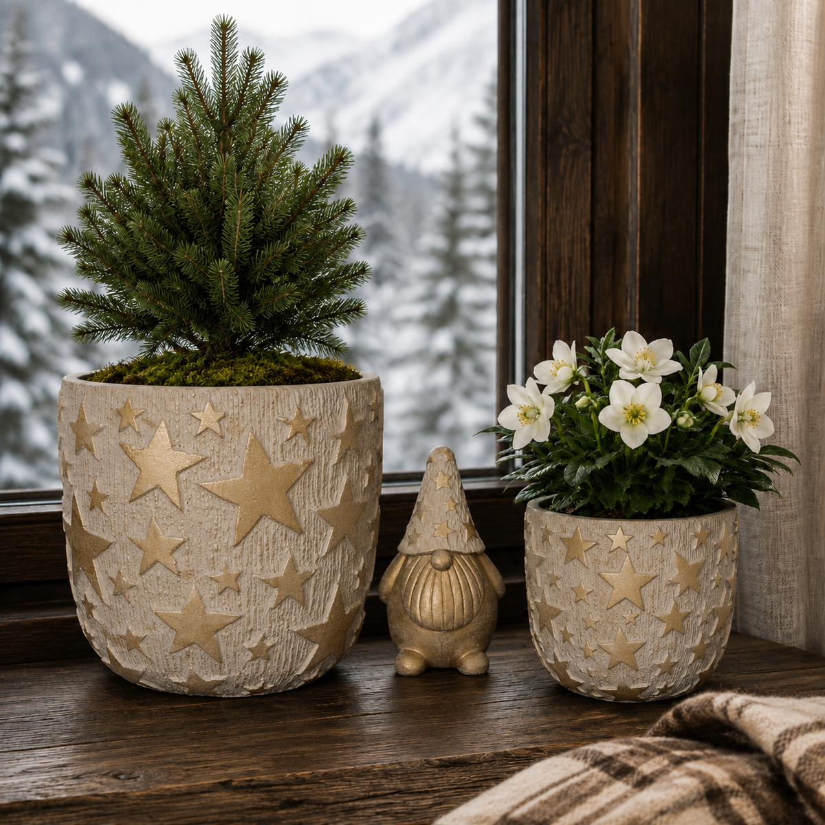 3er Set Santa & Zementtöpfe, Weihnachtsdeko