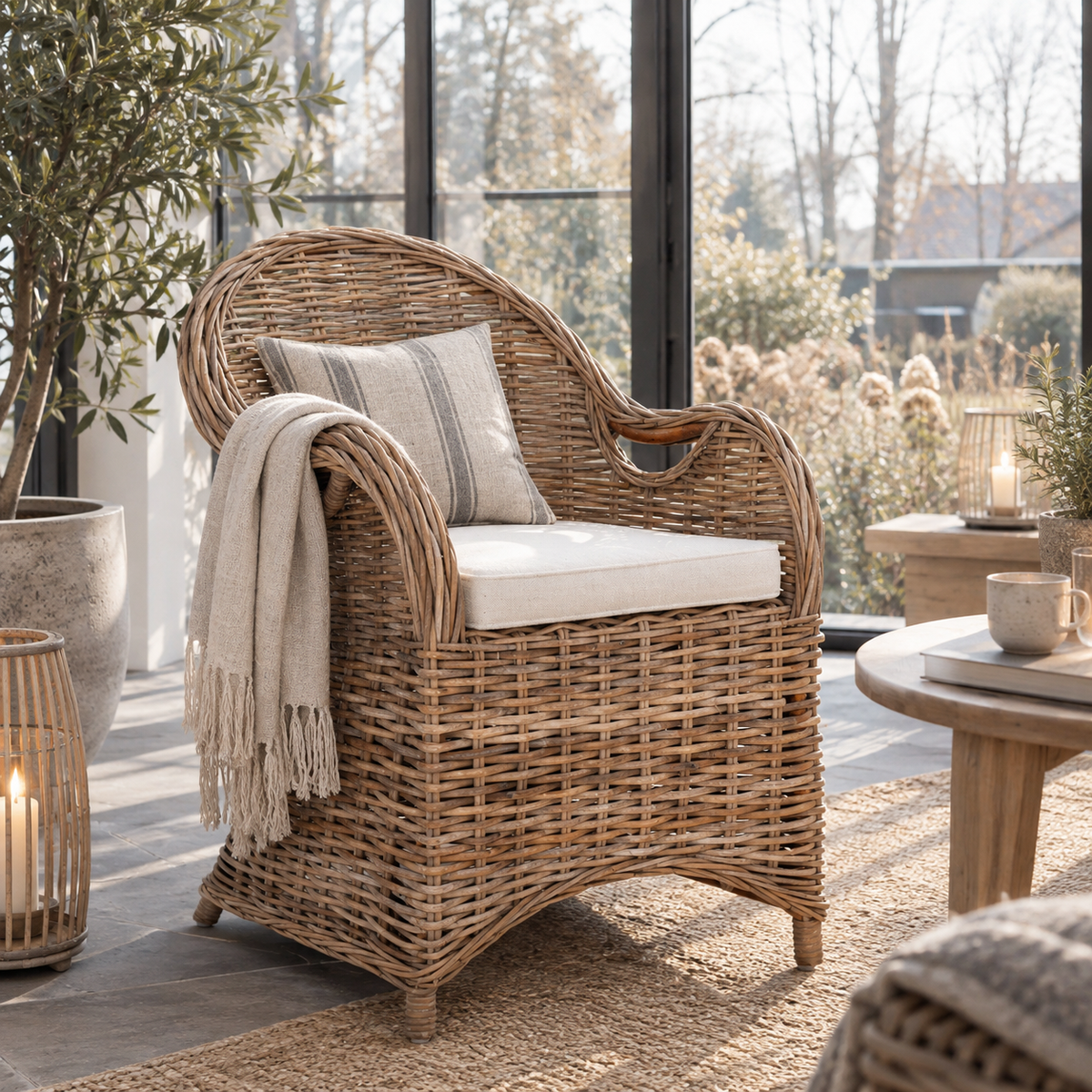 Gartenstuhl Larisa, aus Kubu-Rattan, Naturgrau, inkl. Kissen