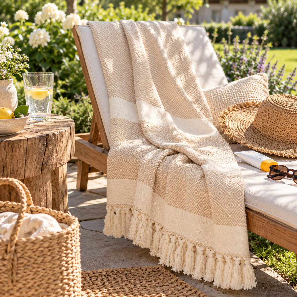 Hamamtuch Charlotte aus Baumwolle, handgewebt, 100 × 170 cm, Beige