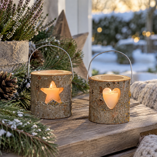Holzlaternen 2er-Set, 12 cm, mit Herz- & Sternmotiv
