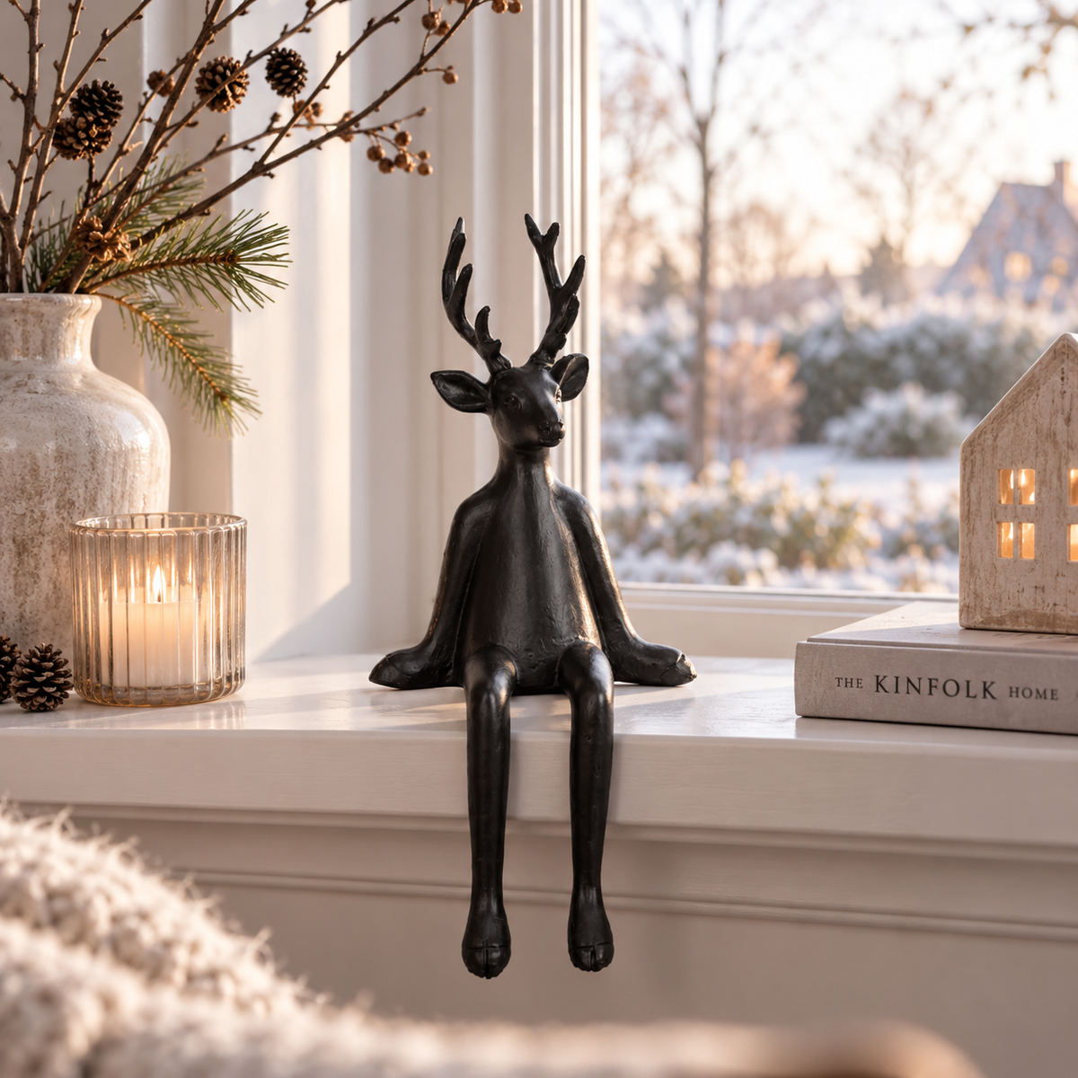Kantenhocker Hirsch aus Polyresin, 32 cm, Schwarz