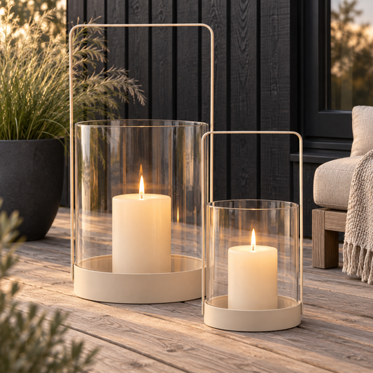2er Set Windlichter aus Glas und Metall, in Beige