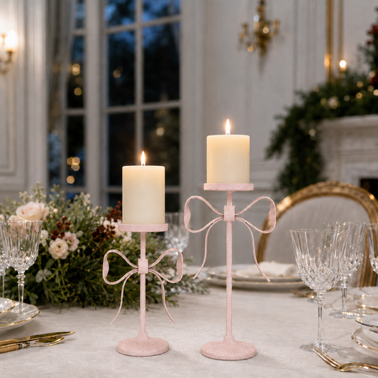 Kerzenständer DAZZ in Rosa mit Schleife – 2er-Set