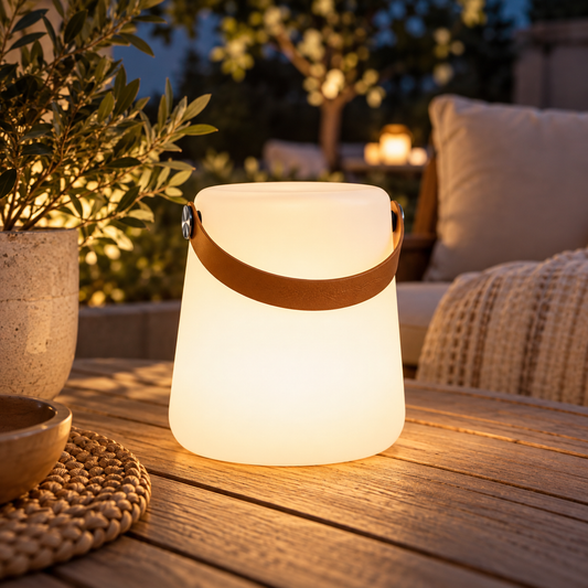 LED-Lampe, wiederaufladbar, in Weiß, mit Trageriemen