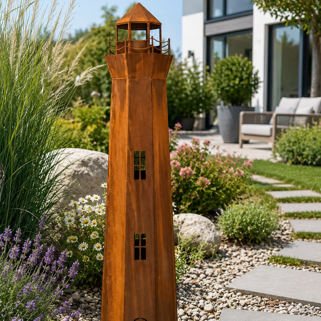 Leuchtturm aus Edelrost, 130 cm, dekorative 3D-Optik