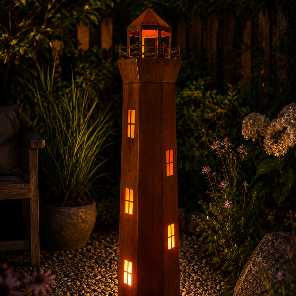 Leuchtturm aus Edelrost, 130 cm, dekorative 3D-Optik