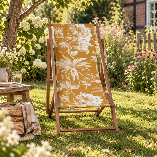 Liegestuhl floral, aus Holz & Polyester, im Vintage-Design