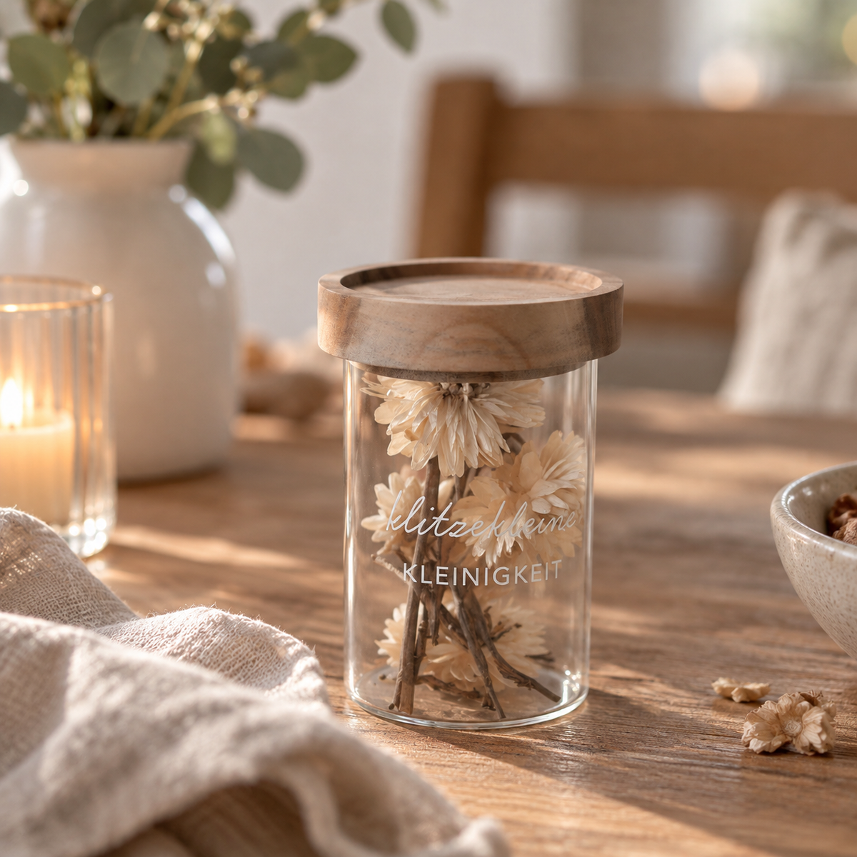 Mini Vorratsglas, klitzekleine Kleinigkeit, Borosilikatglas, 9 cm, mit Holzdeckel