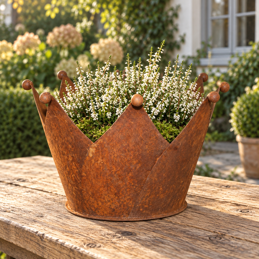 Gartendeko Rost Krone | Edelrost Übertopf mit Bodenplatte