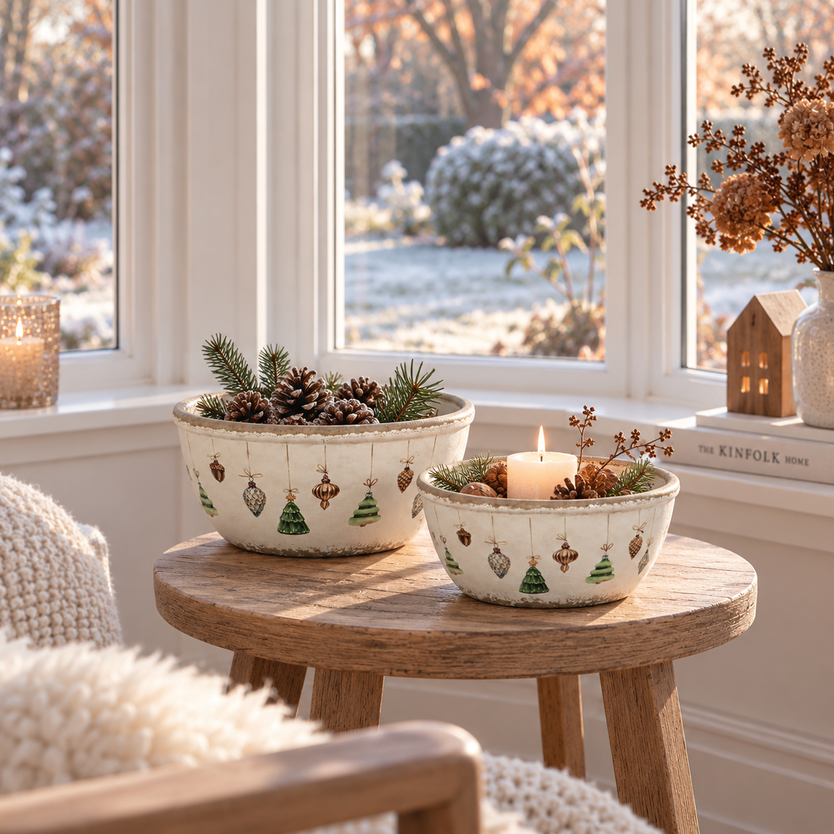 Runde Steinzeug-Schalen im 2er-Set, Grün-Creme, Weihnachtsmotiv