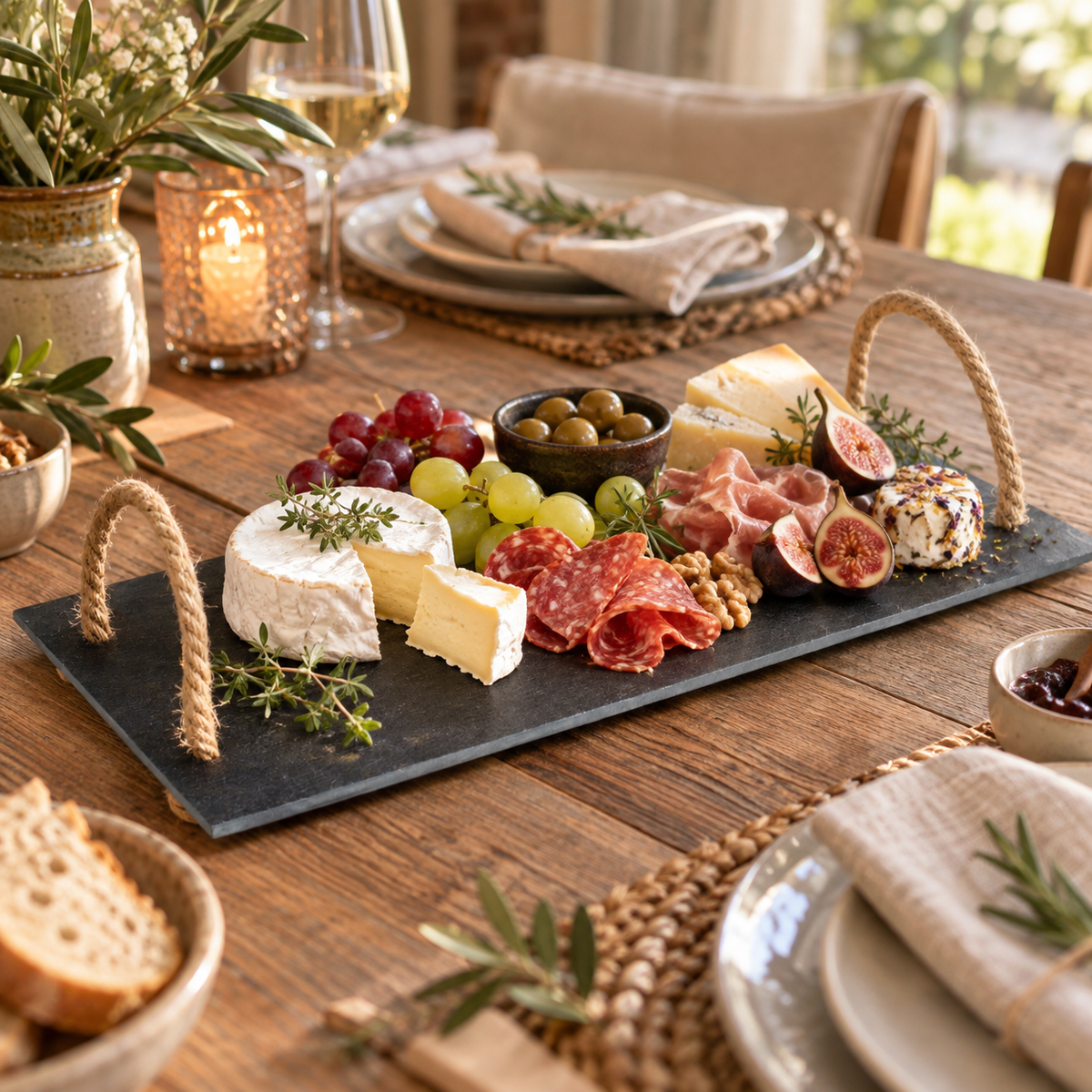 Servierplatte aus Schiefer – 40 × 20 cm, Seilgriffe