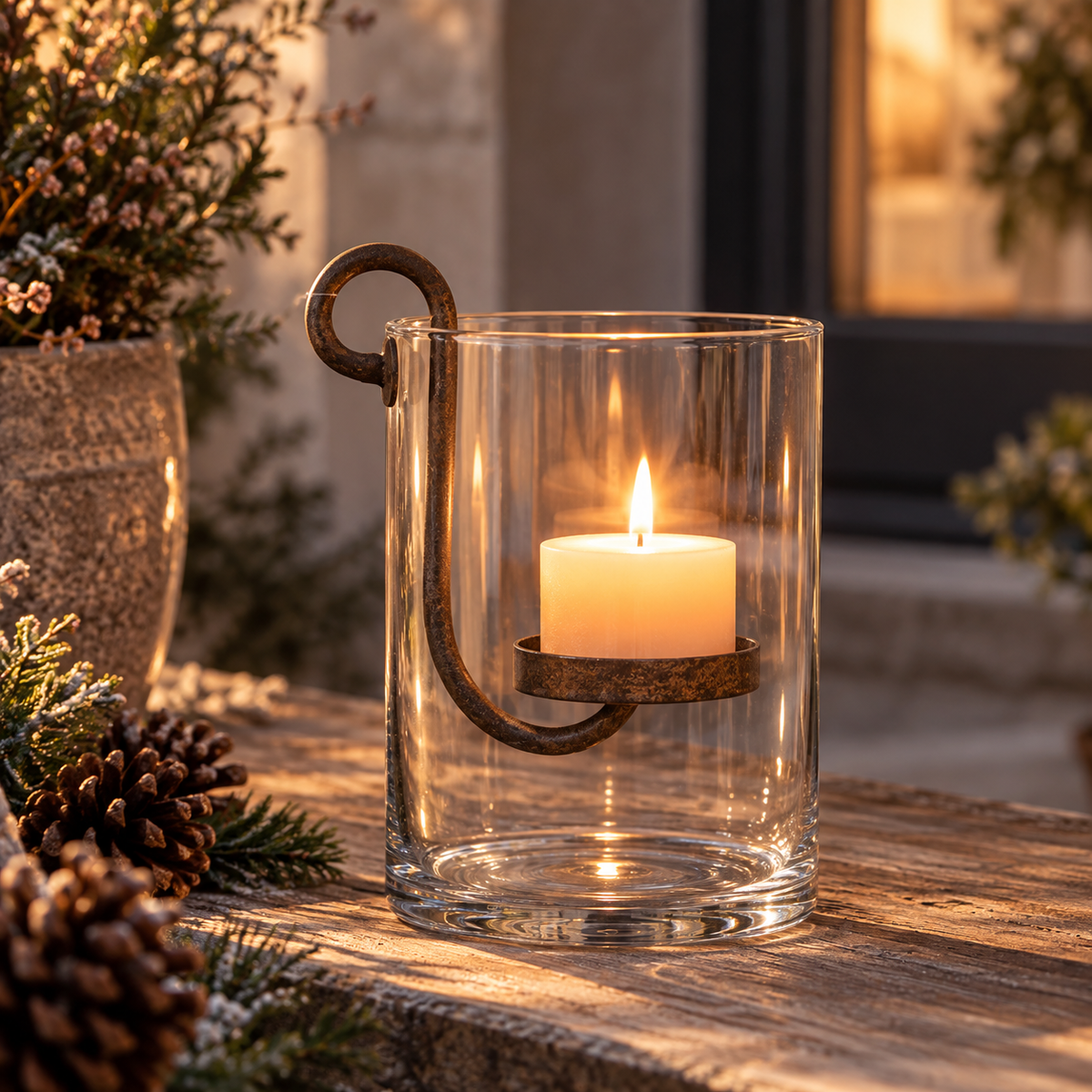 Set Kerzenhalter und Glasvase – Eisen & Glas, Braun und Klar