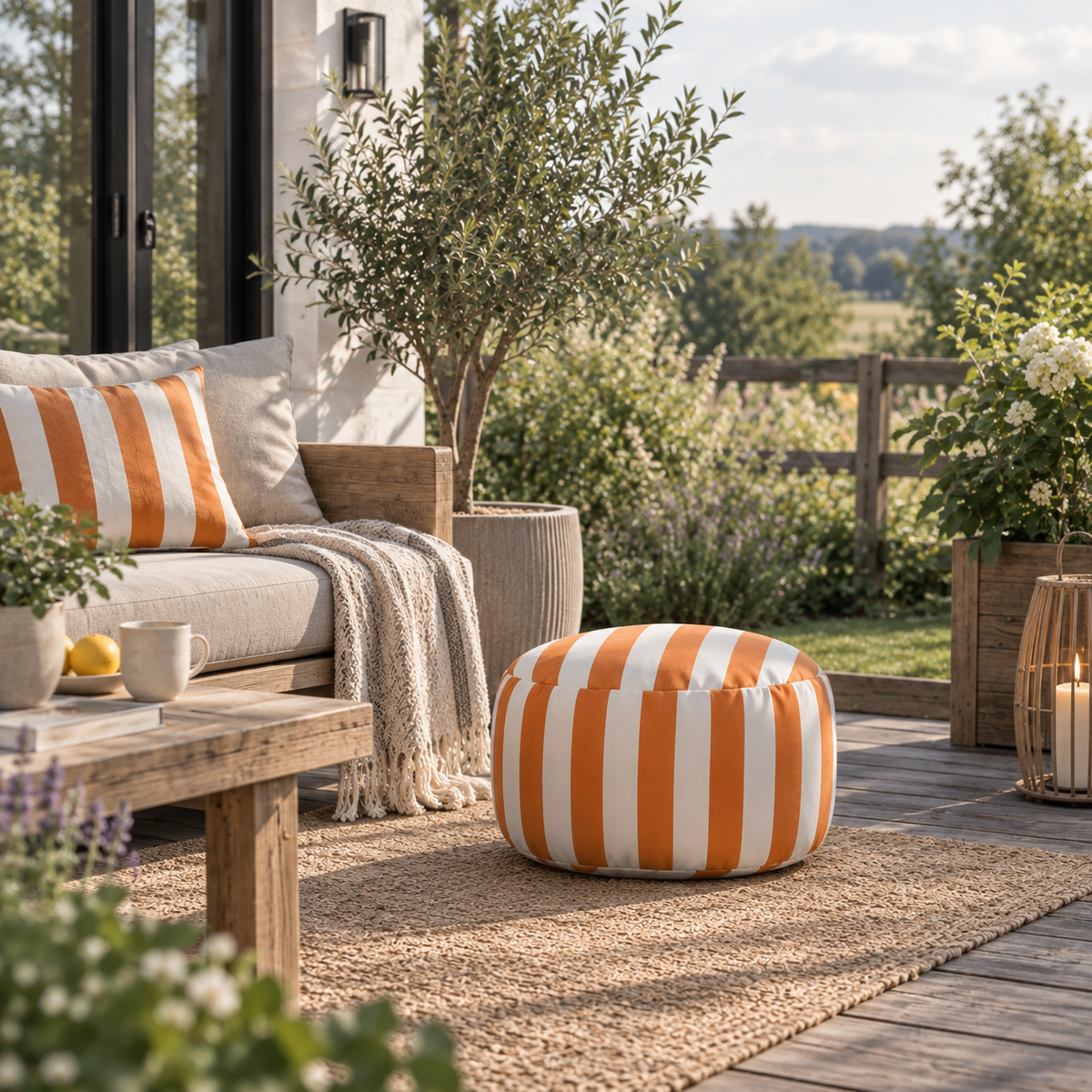 Sitzsack, in Weiß-Orange gestreift, wasserabweisend, für drinnen & draußen