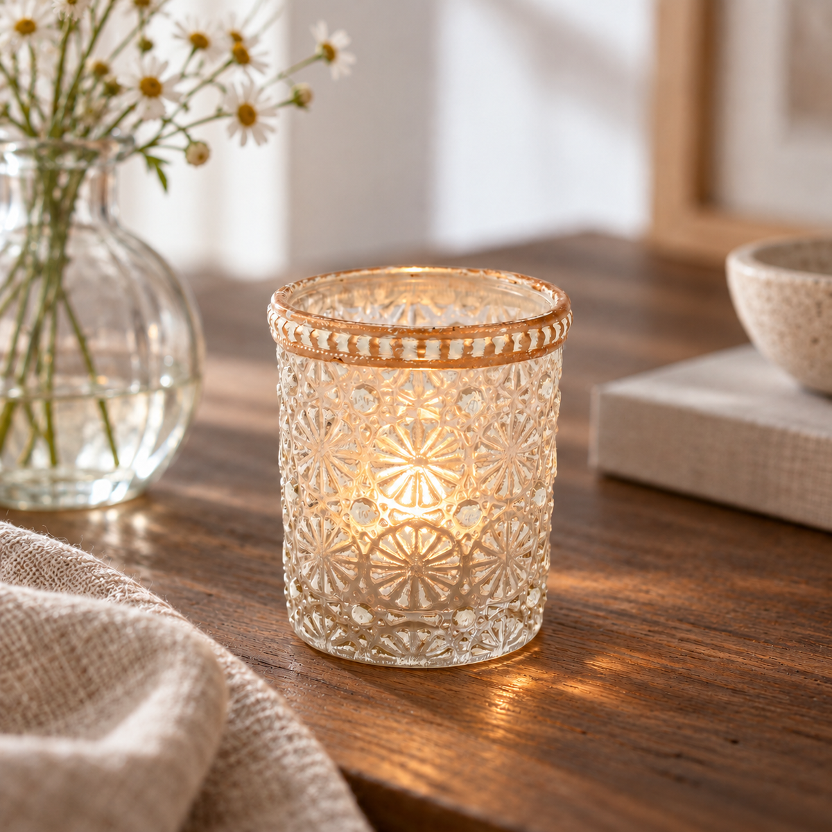 Teelichthalter aus Glas, 6,5 cm, Blumen & Goldrand