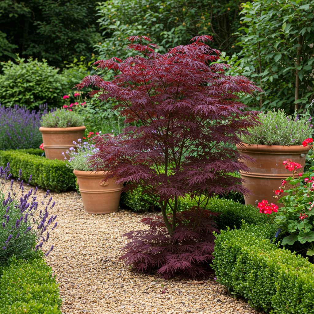 Japanischer Ahorn Acer palmatum Bloodgood – Balkonpflanze – Rot – Laubabwerfend – 19 cm – Ca. 70 cm hoch – Für Beet, Terrasse & Balkon – Auffällige Herbstfärbung