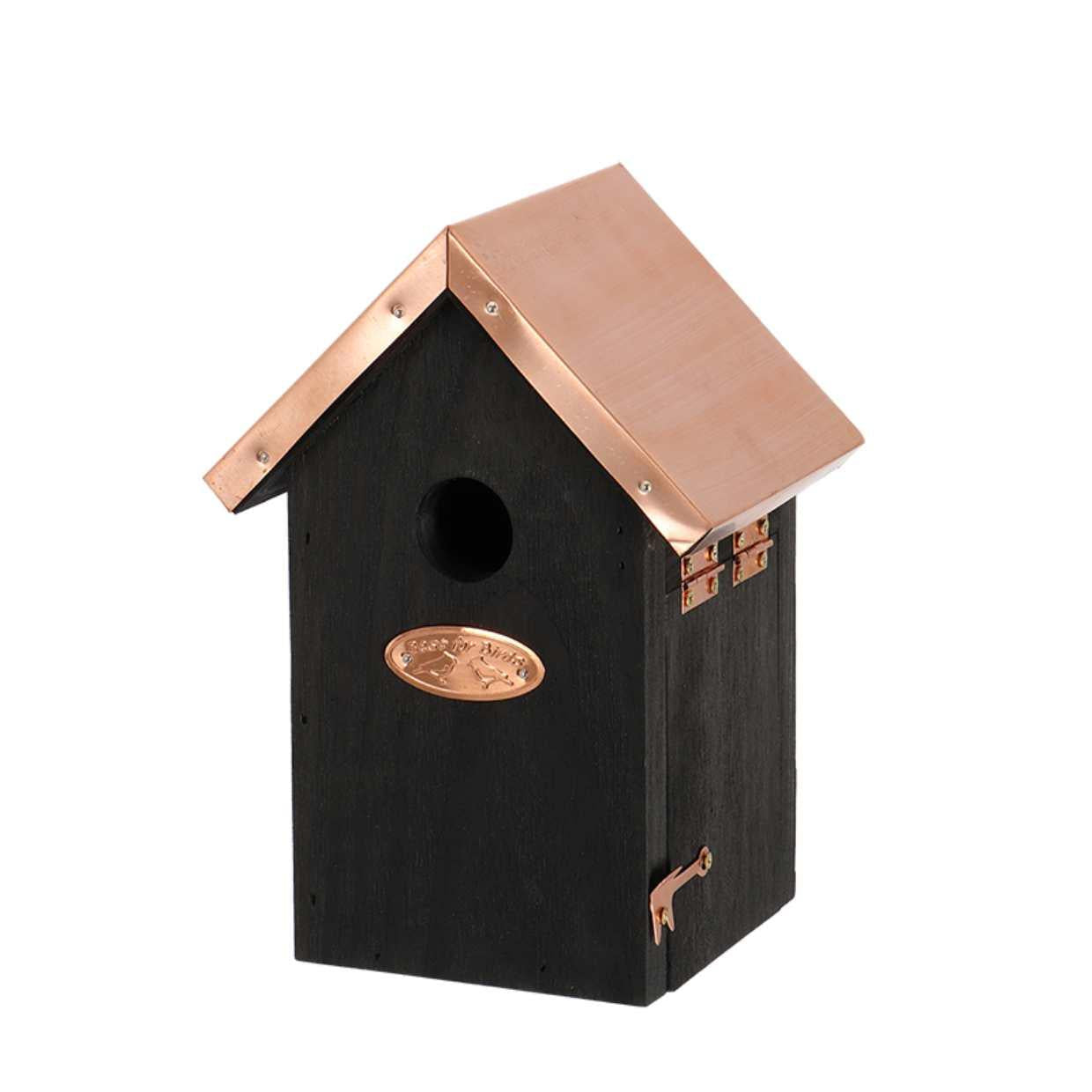 Vogelhaus Winterzaunkönig Nistkasten Schwarz mit Kupferakzenten – Wetterfester Nistplatz aus Fichtenholz – Für kleine Vögel – Moderner Gartenaccessoire