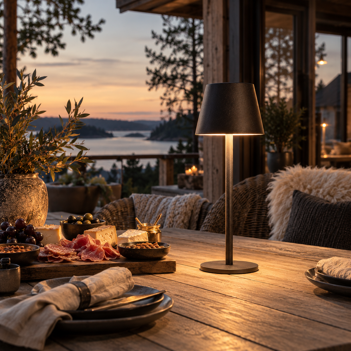 LED Tischlampe „Cozy Chalet“, mattes Schwarz, 27 cm hoch, warmweiß & dimmbar