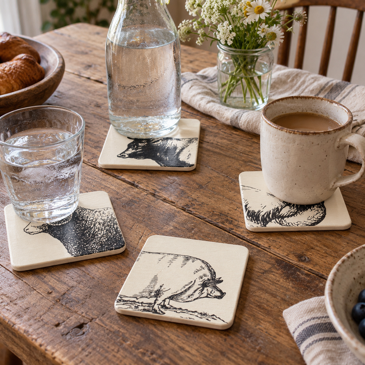 4er Set Untersetzer, Bauernhoftiere im Vintage-Design