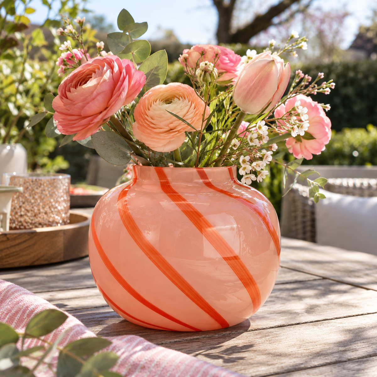 Vase aus Glas 20 × 18 cm, gestreift in Pink & Orange