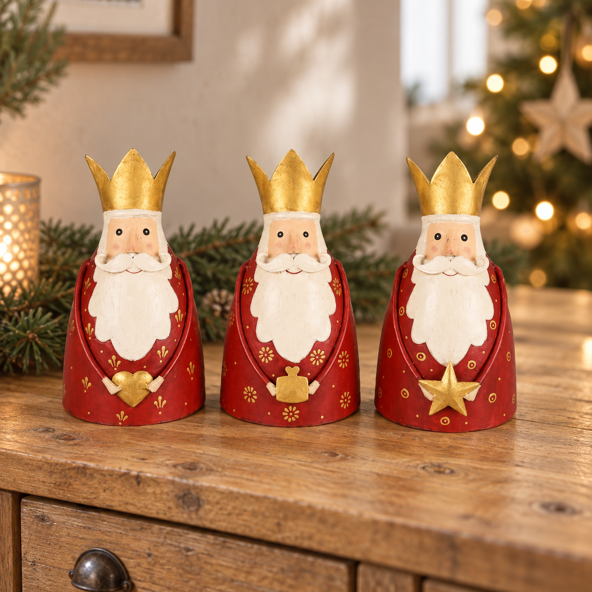 3er Set Figuren aus Eisen, Rot-Gold, 19 cm