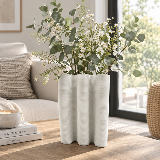 Weiße Keramikvase mit Streifenstruktur