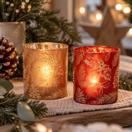 Windlicht 2er-Set aus Glas, H 10 cm, Rot & Gold