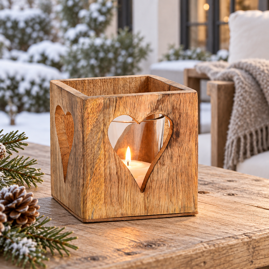 Windlicht Herz aus Mangoholz & Glas – 12 cm, Braun