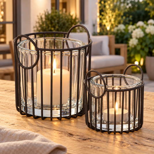 Windlicht Most 2er-Set – Dunkles Metall & klares Glas