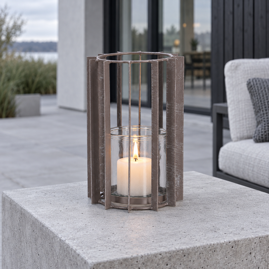 Metall-Windlicht, in Taupe, mit Glaseinsatz