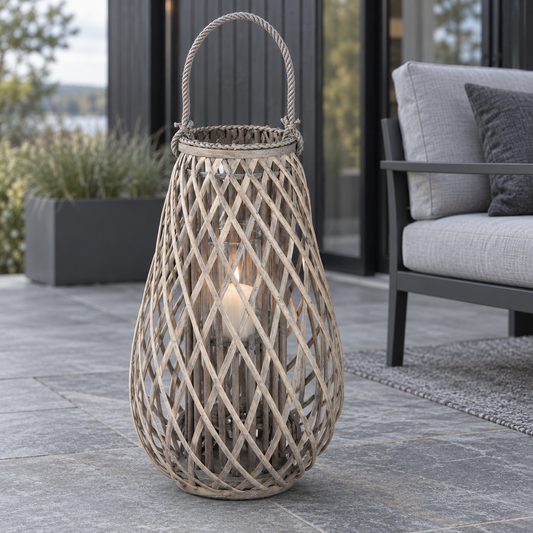 Großes Windlicht aus grauem Holz mit Glas 60 cm