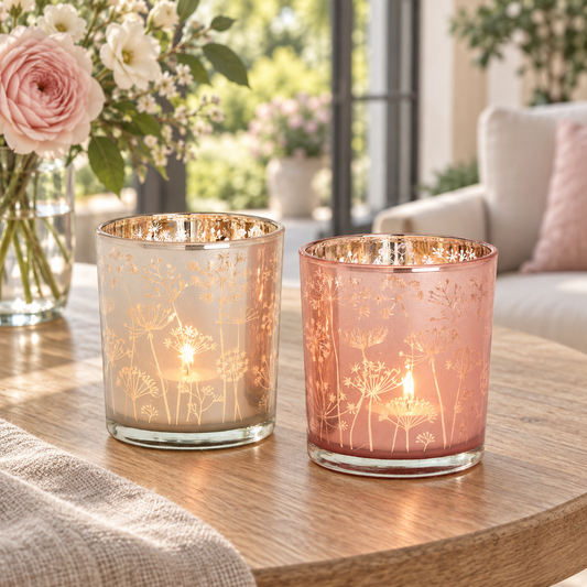 2er-Set Glas-Windlichter – Rosa/Creme mit Blumendekor