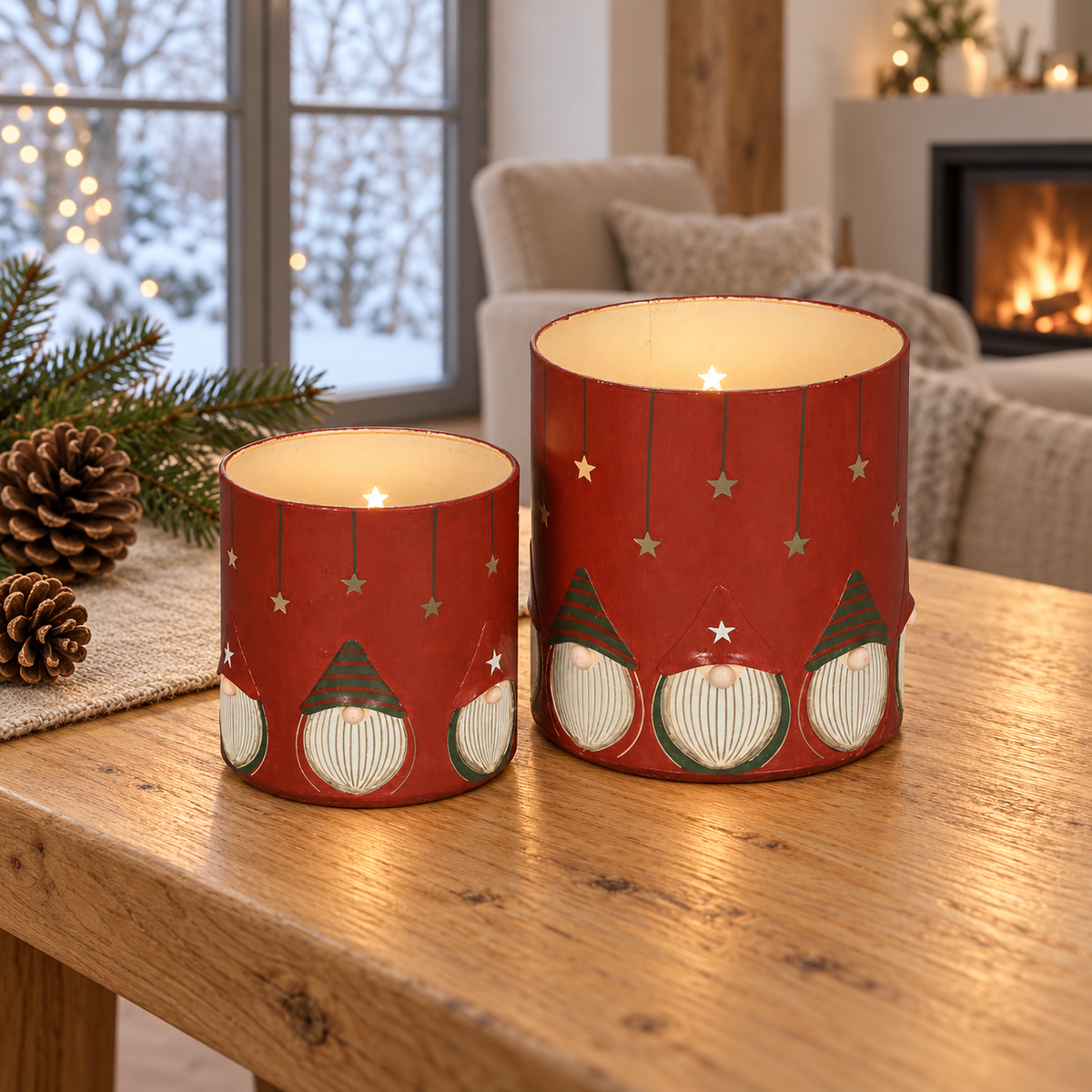 2er Set Windlichter Wichtel aus Eisen – Rot-Grün